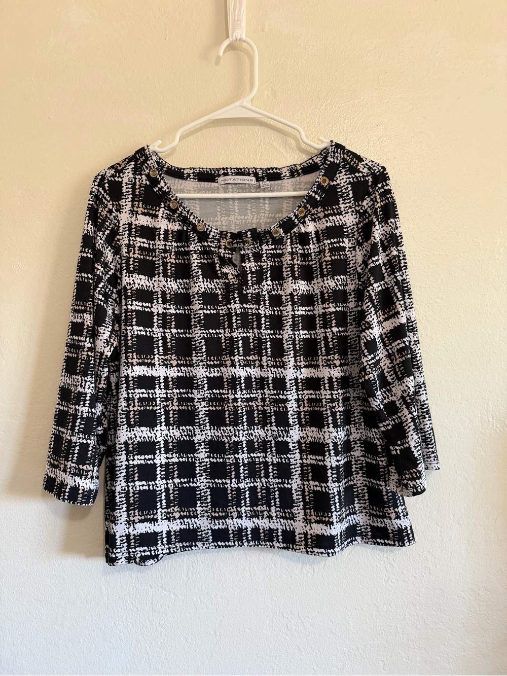 Notations Black and White Plaid 3/4 Sleeve Top